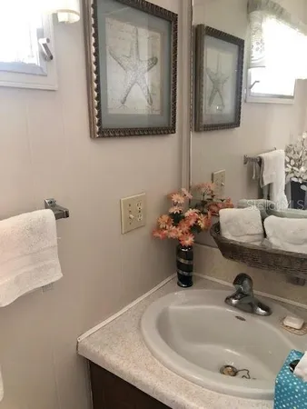 a bathroom with a sink and a mirror