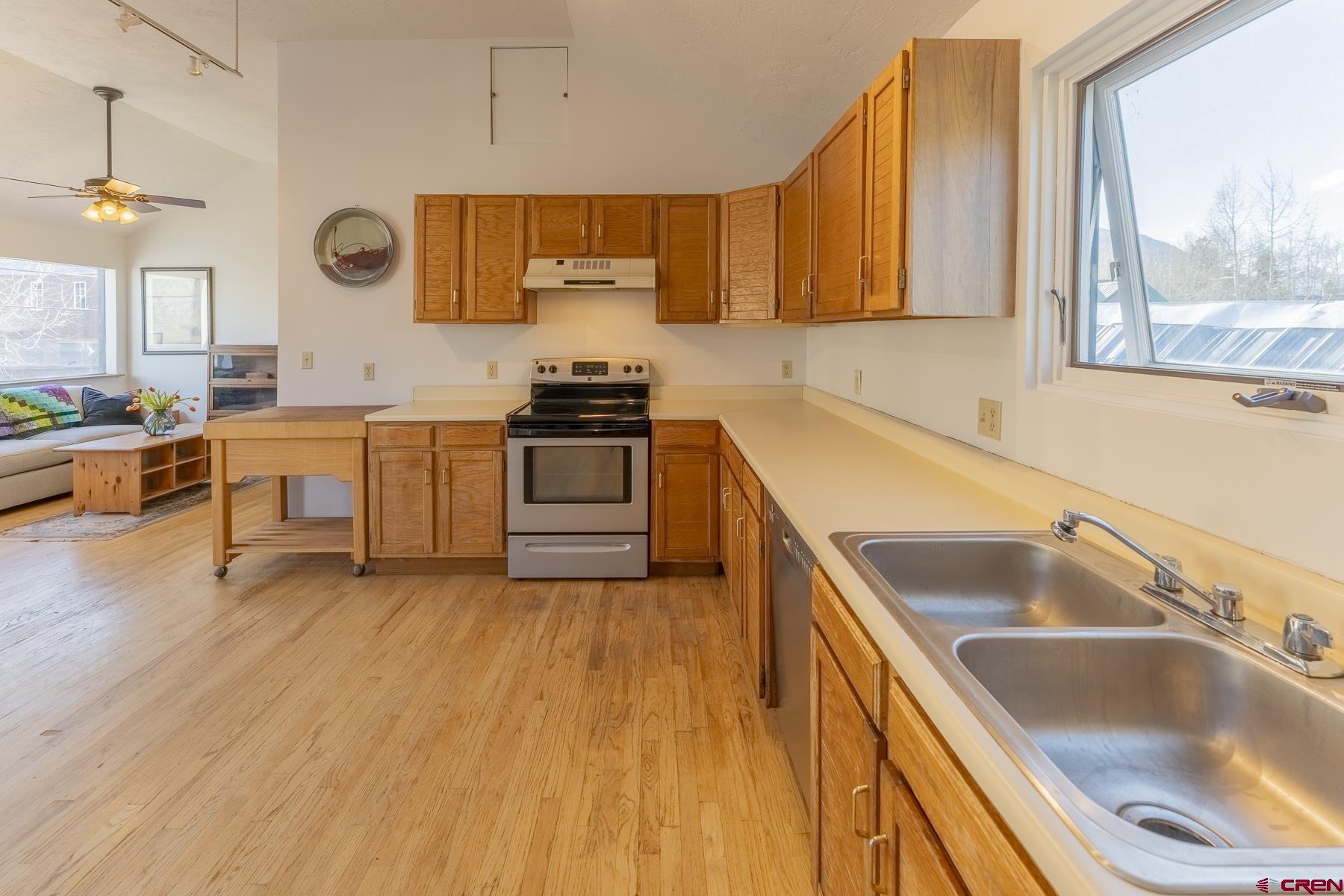 310 2nd Street Crested Butte, CO 81224 - Photo 15 of 42 a kitchen with stainless steel appliances granite countertop a sink dishwasher stove and refrigerator