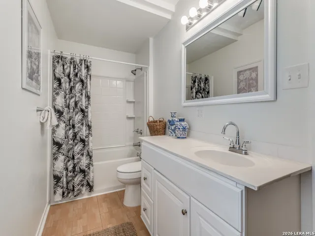a bathroom with a sink a toilet and shower curtain
