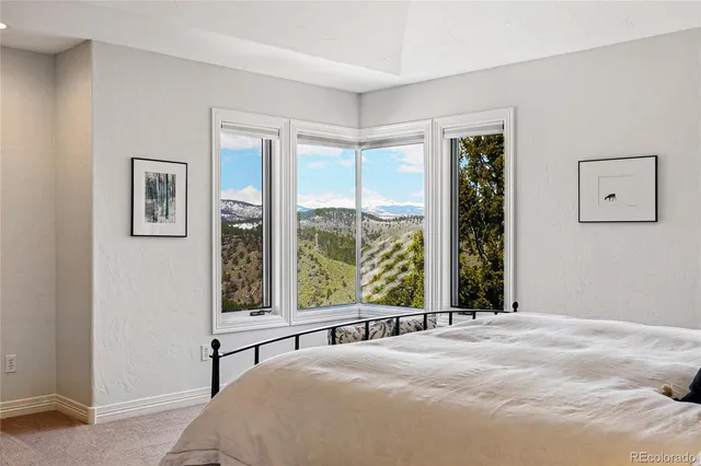 a bedroom with a large bed and a large window