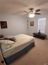 a bedroom with a bed and a desk