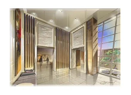 a living room with furniture kitchen view and large windows