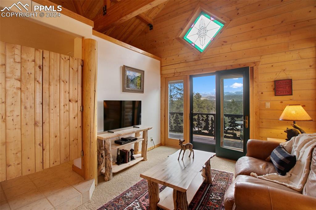527 Cougar Point Divide, CO 80814 - Photo 22 of 50 a living room with furniture a flat screen tv and a floor to ceiling window