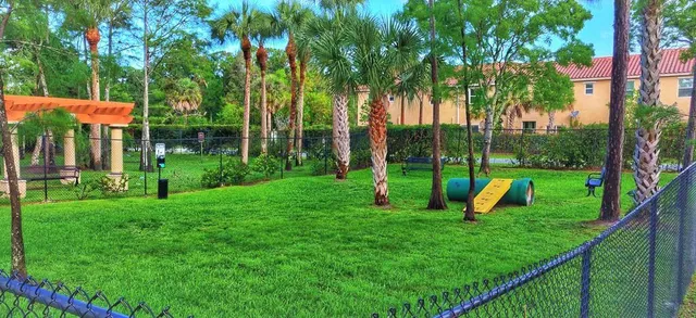 a view of a garden with a slide