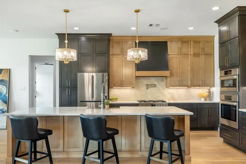 a kitchen with appliances cabinets and a potted plant