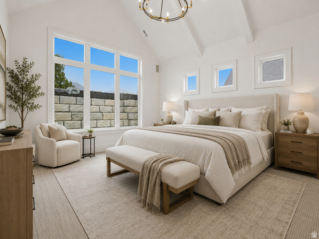 1682 North 1950 W Street, Unit 9 Provo, UT 84604 - Photo 81 of 84 Spacious room featuring a prominent vaulted ceiling with exposed beams, large picture windows, wood-finish flooring, and additional square accent windows