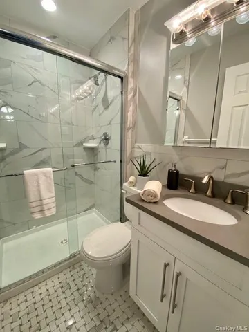 a bathroom with a sink a toilet and shower