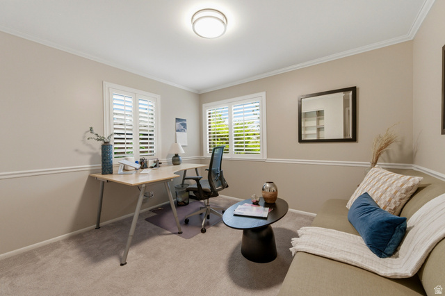 3674 Oak Rim Way Salt Lake City, UT 84109 - Photo 23 of 47 Room featuring two windows with white plantation shutters, crown molding, and chair rail trim