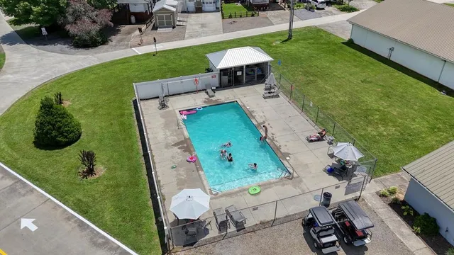 an aerial view of a backyard