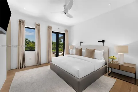 a bed room with a bed and a large window