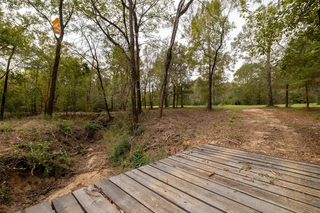 a view of a field with trees in background