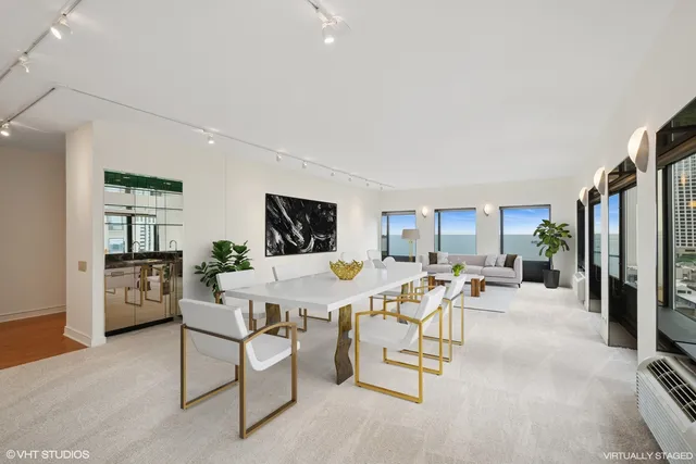 a view of a dining room with furniture