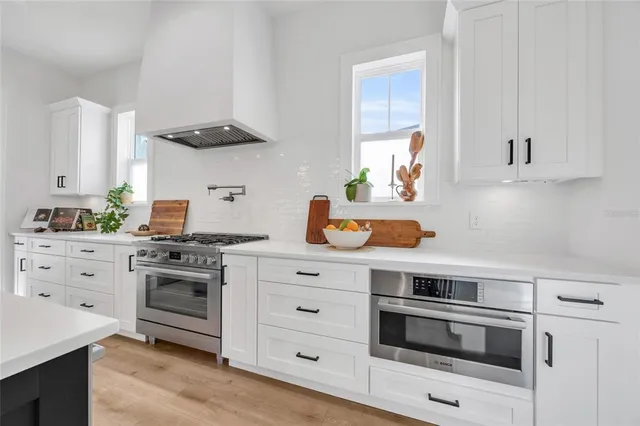 a bathroom with a granite countertop sink a potted plant and a stove