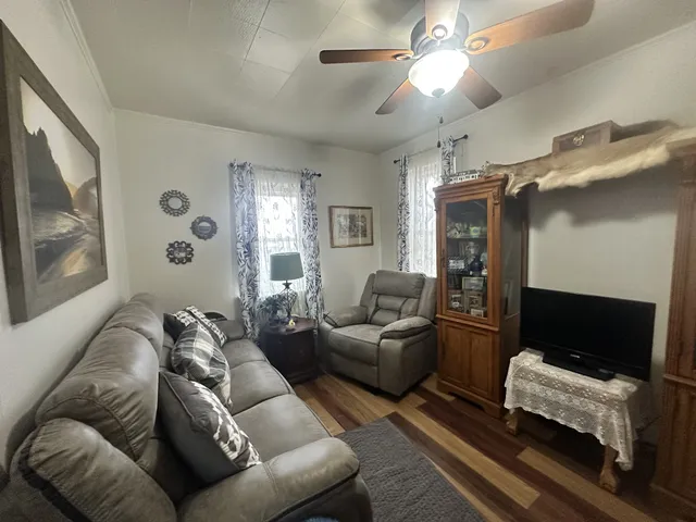 a living room with furniture ceiling fan and a fireplace
