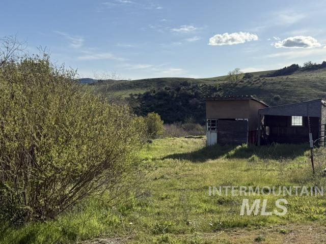 140 Brownlee Loop Road Horseshoe Bend, ID 83629 - Photo 14 of 29 Grassy terrain with a prominent brush in the foreground, featuring two detached outbuildings with sloped roofing and various exterior finishes