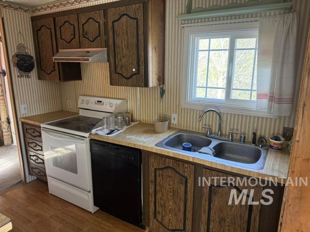 140 Brownlee Loop Road Horseshoe Bend, ID 83629 - Photo 22 of 29 Kitchen featuring wood-finish cabinetry, a double basin stainless steel sink with gooseneck faucet, a white electric range, and a black dishwasher