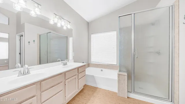 a bathroom with a double vanity sink mirror and shower