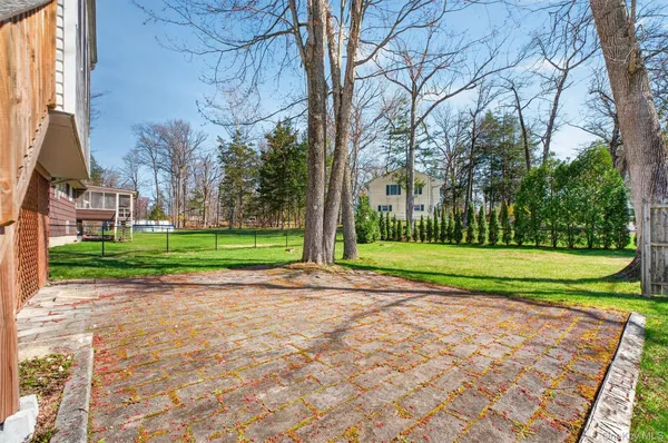 a view of a park with large trees