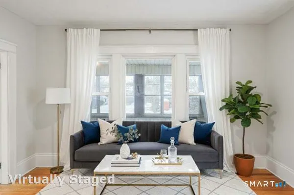 a living room with furniture and a potted plant