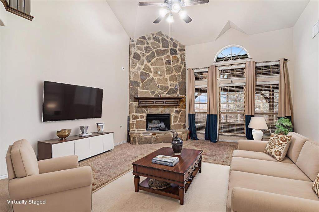 6132 Falls Lake Road Fort Worth, TX 76179 - Photo 12 of 37 a living room with furniture a flat screen tv and a fireplace