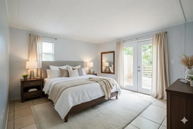 a bedroom with a bed and a tv