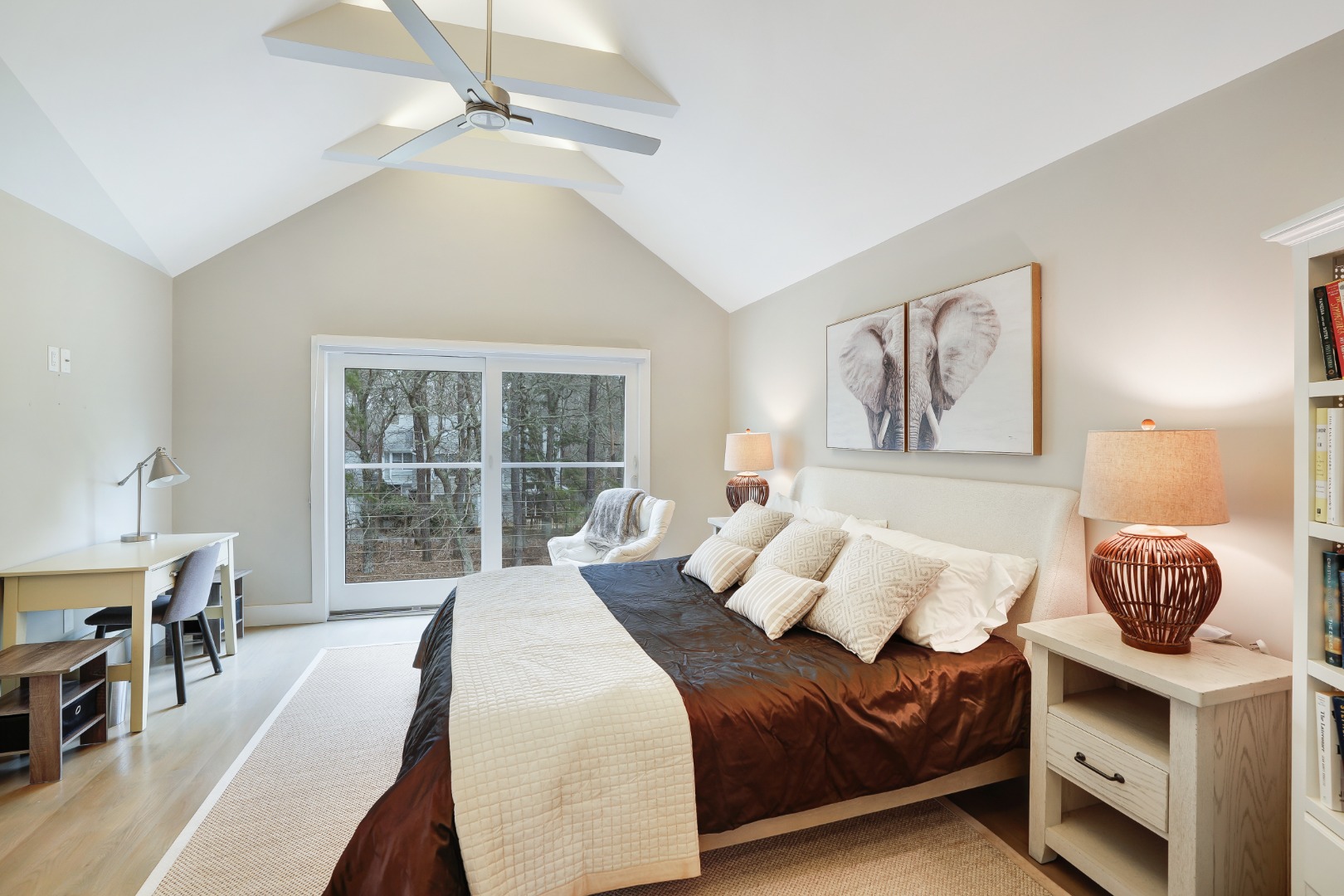 150 Cove Road, Unit 10 Vineyard Haven, MA 02568 - Photo 15 of 43 Primary bedroom with beamed cathedral ceilings, en suite bath & walk-in closet.