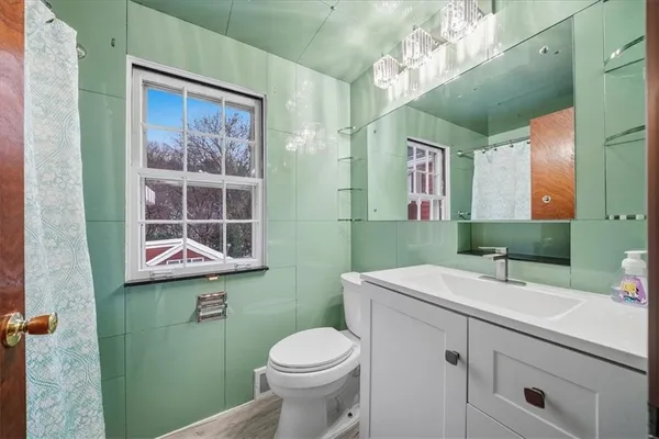 a bathroom with a sink a toilet and a mirror