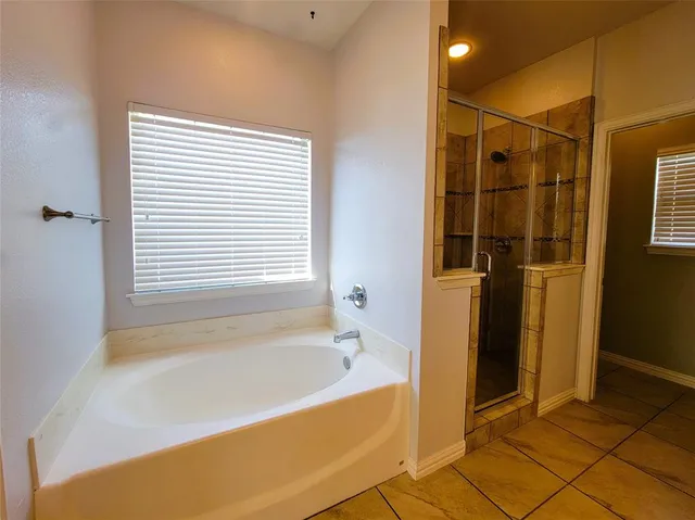 a bathroom with a bathtub and a shower