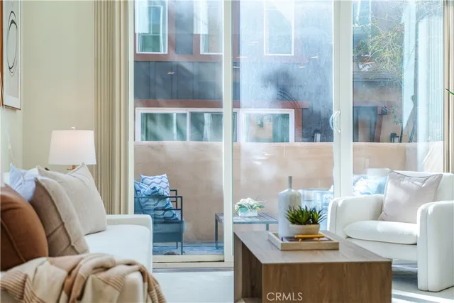 an outdoor space with seating area