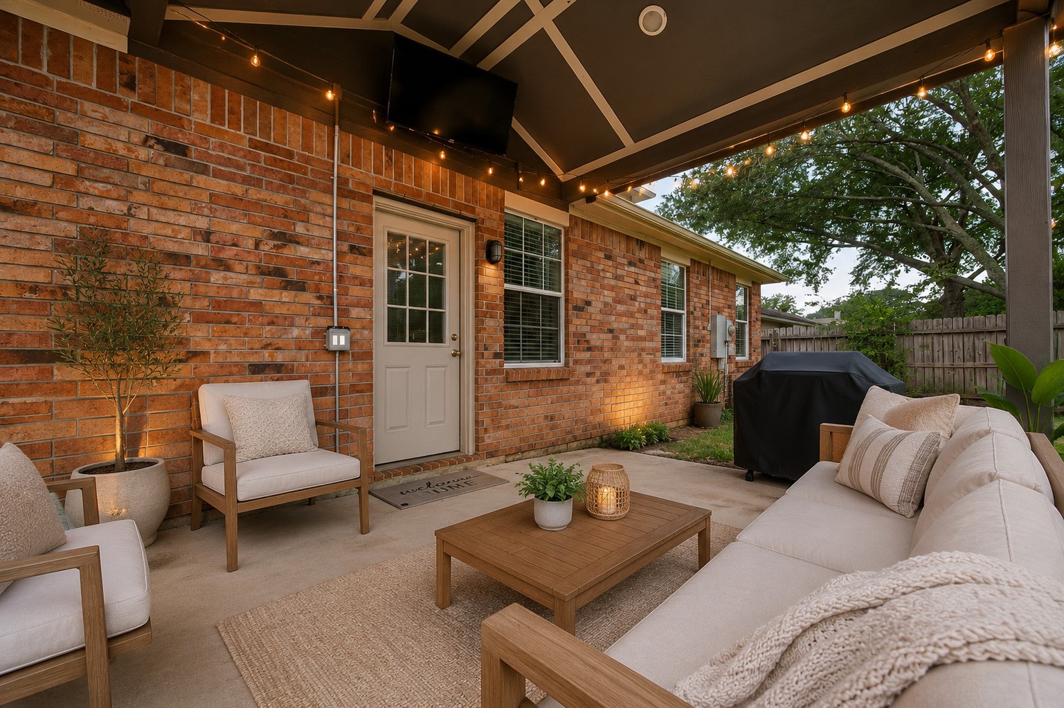 3418 Lockgate Drive Spring, TX 77388 - Photo 41 of 47 The covered patio features comfortable outdoor seating, a wall-mounted TV, and access to the home's back door. String lights overhead add ambiance, while the adjacent grilling area makes this space perfect for outdoor entertaining. This photo has been virtually staged or enhanced. Furniture, decor, and/or lighting shown may not reflect the current condition of the property.