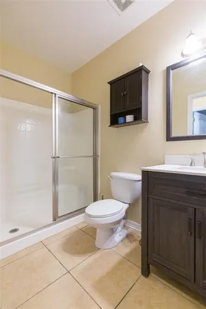 a bathroom with a sink a toilet a mirror and shower