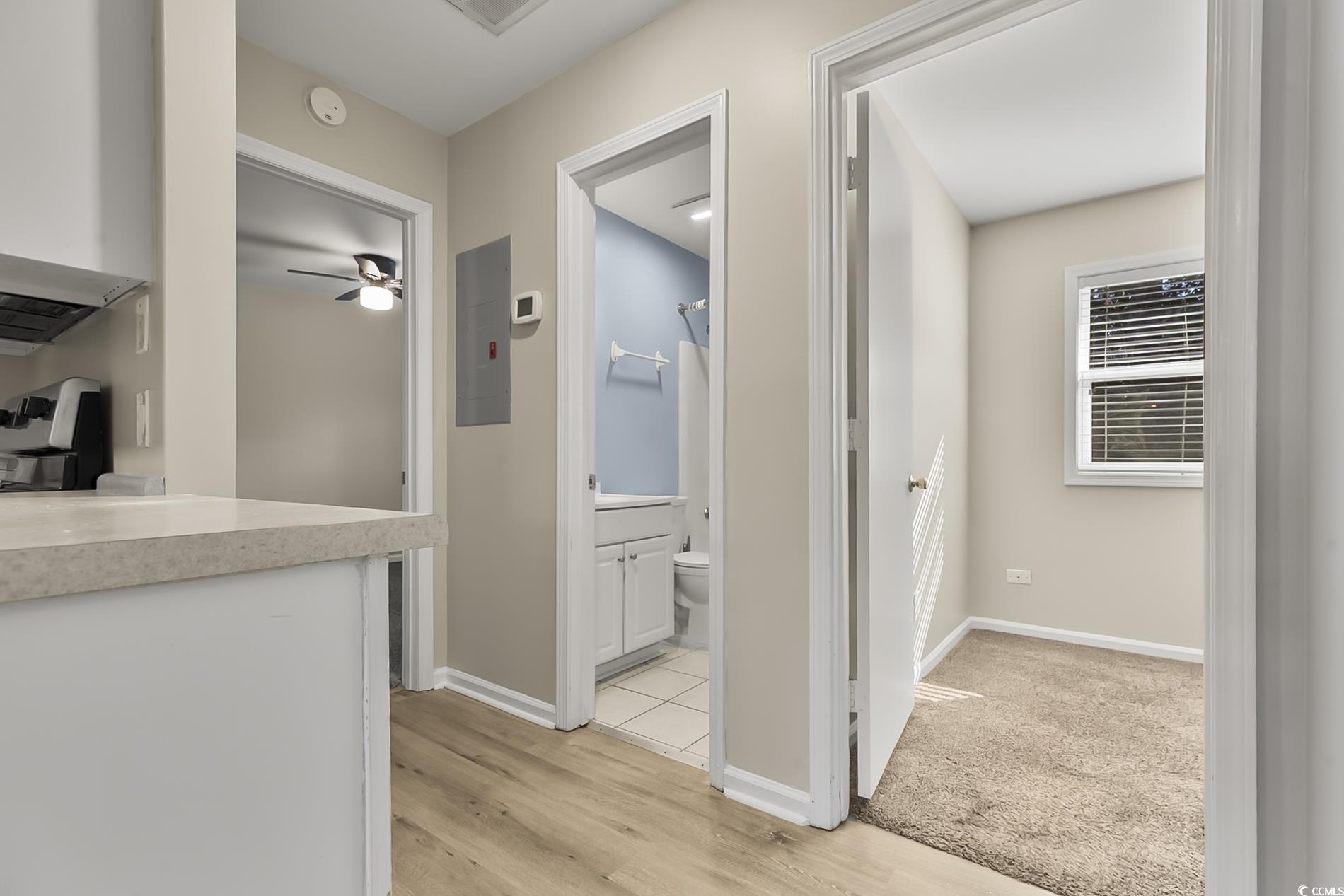 4150 Horseshoe Road North, Unit 38 Little River, SC 29566 - Photo 8 of 29 Hall featuring light wood-style floors, light carpet, and electric panel