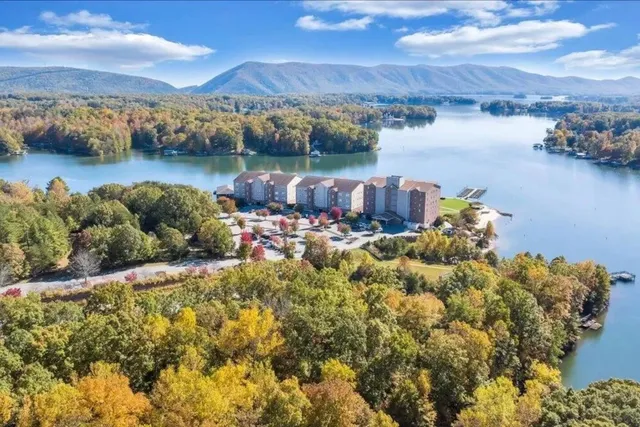 a view of a lake with a mountain
