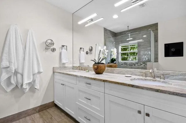 a bathroom with double vanity sink a mirror and a shower