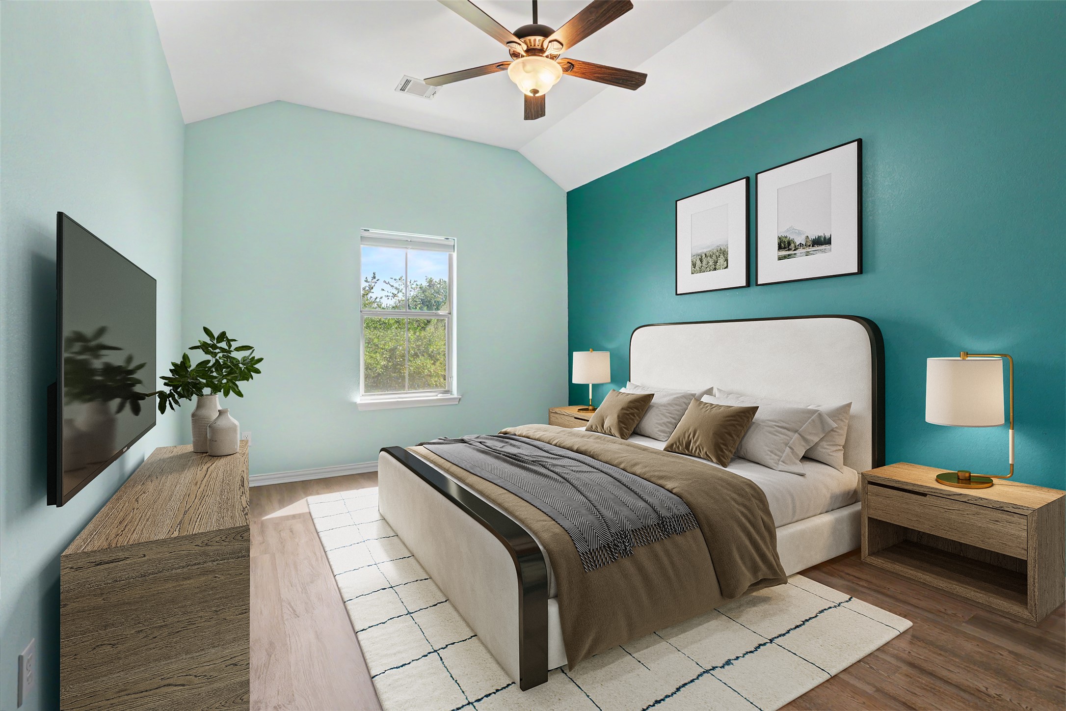 1020 Winding Way Drive Georgetown, TX 78628 - Photo 23 of 32 Bedroom featuring light wood-style floors, vaulted ceiling, and ceiling fan