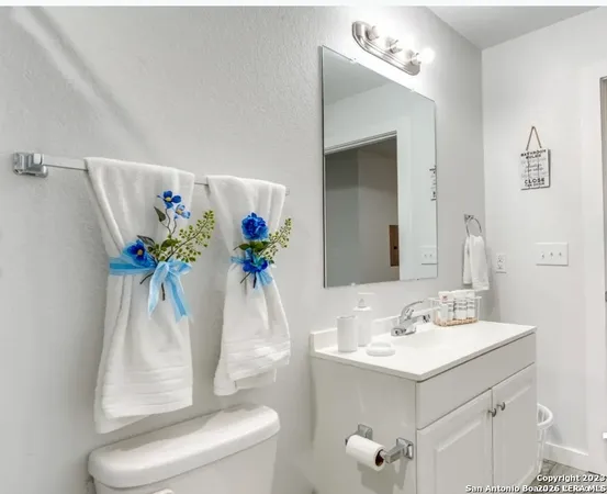 a bathroom with a sink a toilet and a mirror