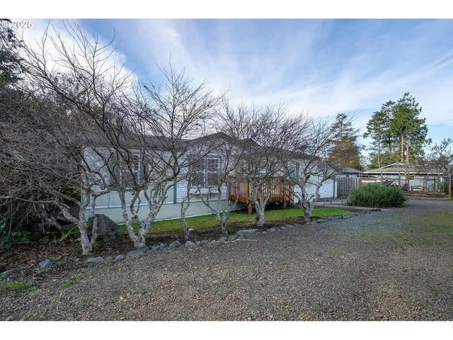 a view of a backyard with large trees