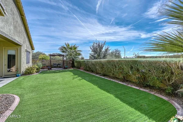 a view of a backyard with plants and a garden