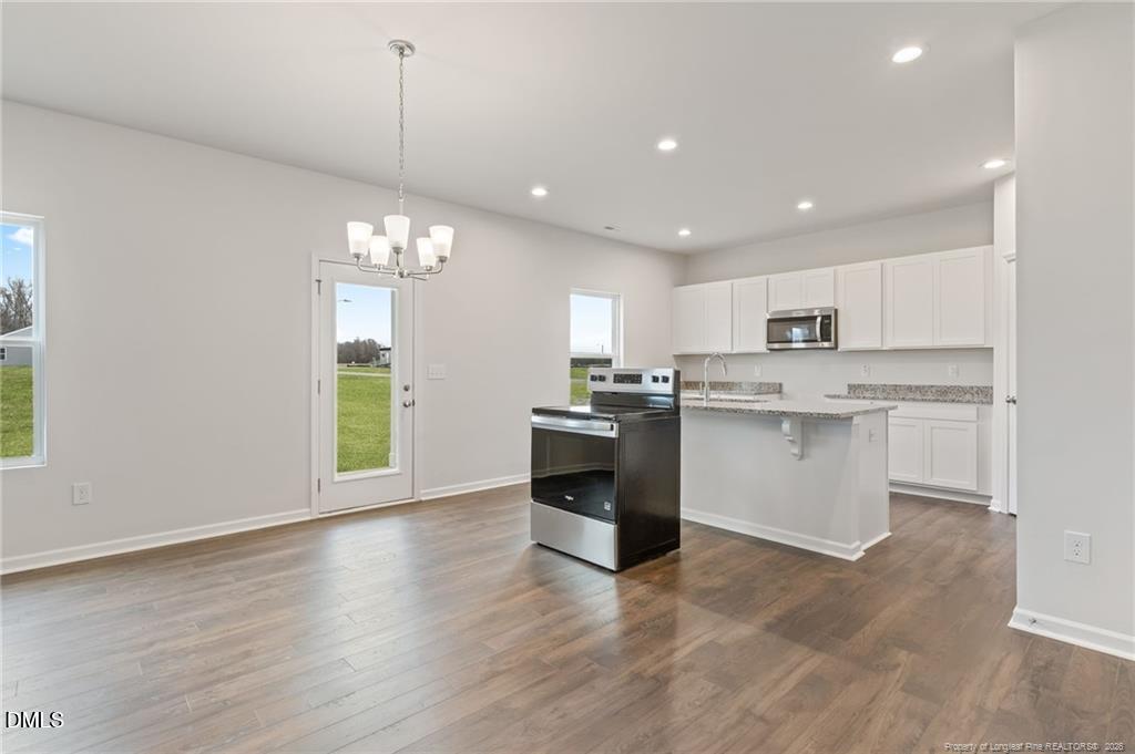 100 Rubyfield Court Fremont, NC 27830 - Photo 11 of 38 a kitchen with stainless steel appliances granite countertop a sink a stove a refrigerator cabinets and a dining table with wooden floor