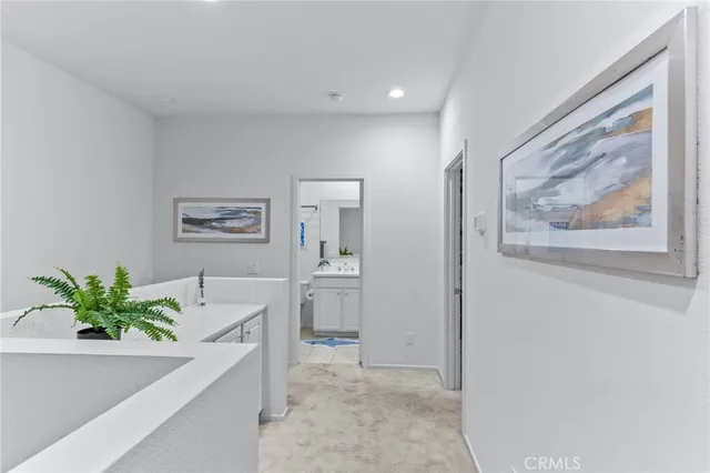 a hallway with painting on the wall and a potted plant