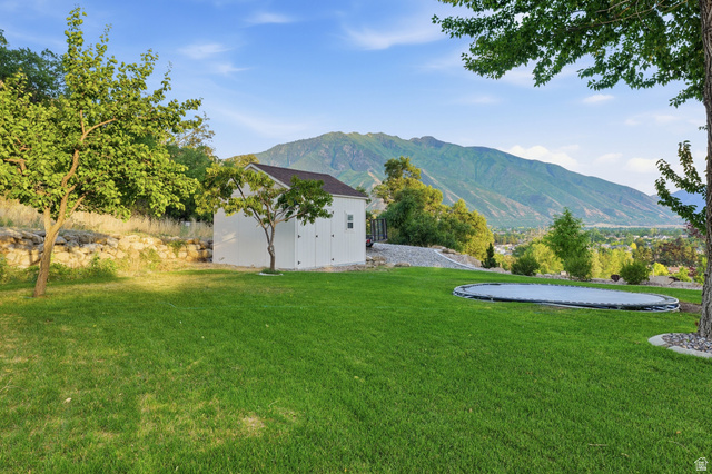 441 South 2080th Street East Springville, UT 84663 - Photo 51 of 64 Spacious backyard featuring a manicured lawn, established trees, and a white storage shed with a dark roof