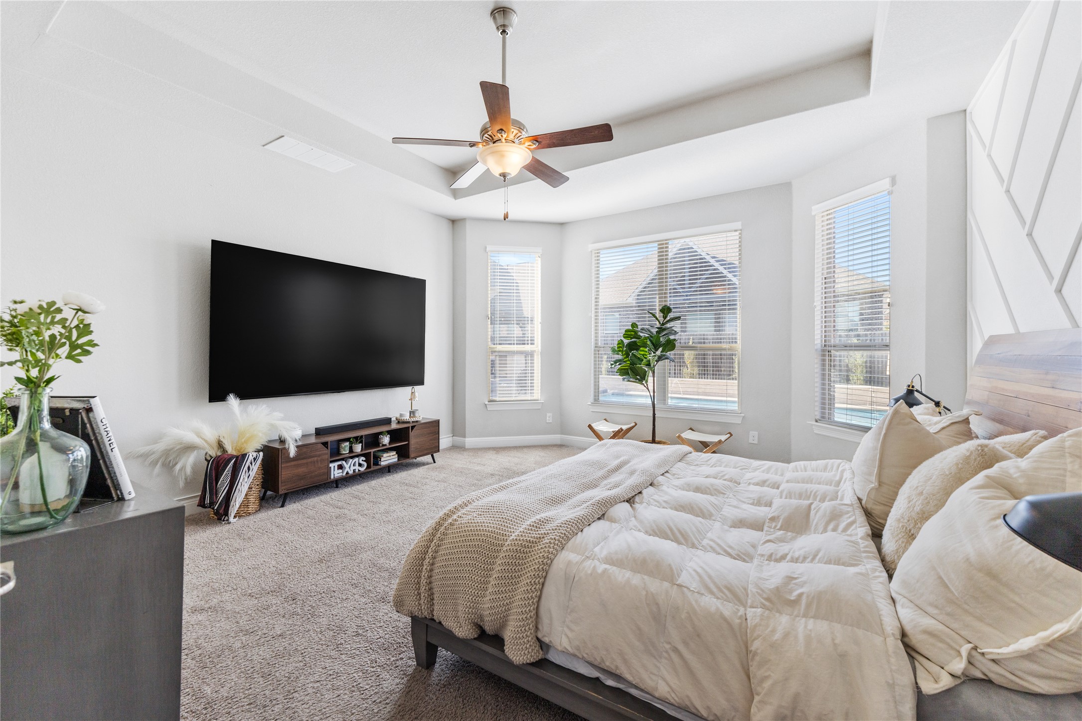 20524 Fairleaf Street Pflugerville, TX 78660 - Photo 14 of 35 Carpeted bedroom with a tray ceiling and ceiling fan