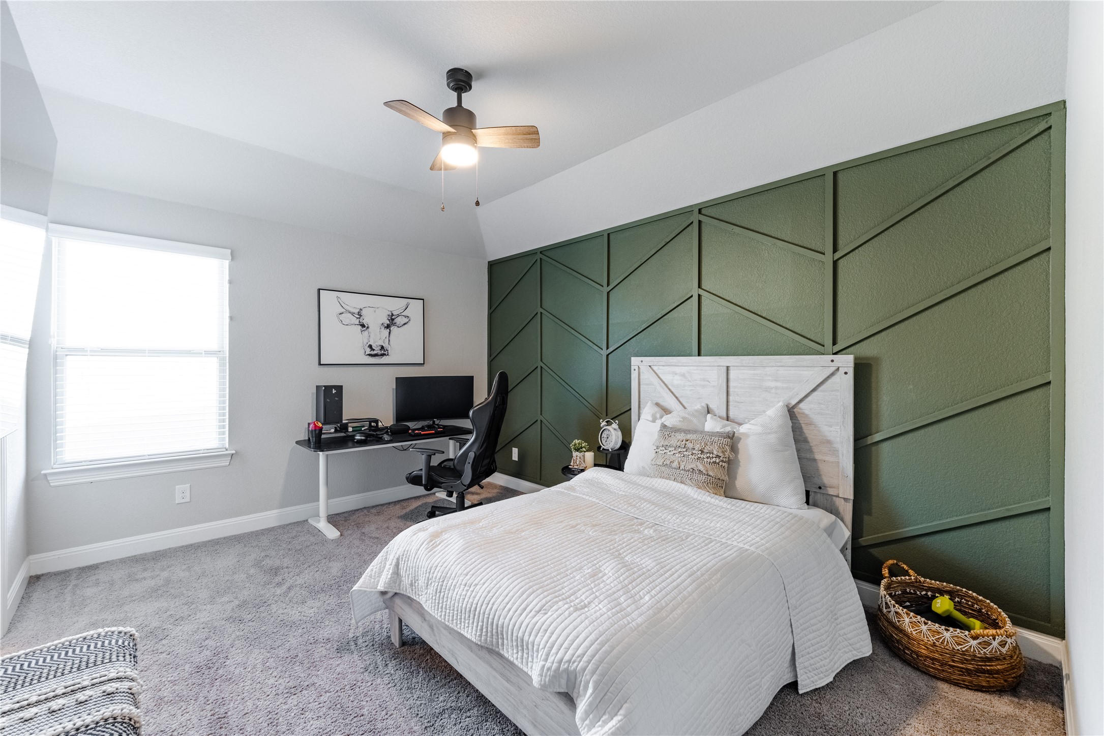 20524 Fairleaf Street Pflugerville, TX 78660 - Photo 23 of 35 Bedroom featuring carpet floors, an office area, ceiling fan, and lofted ceiling