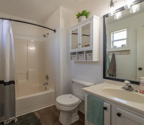 a bathroom with a sink toilet and shower
