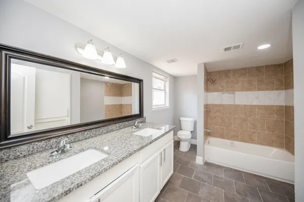 a bathroom with a granite countertop tub sink and mirror