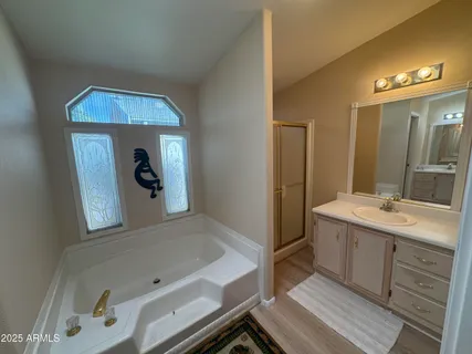 a bathroom with a tub sink and mirror