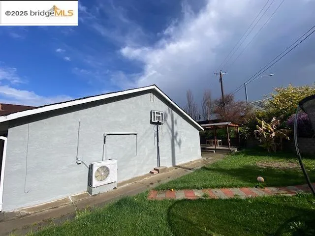 a backyard of a house with plants and palm tree