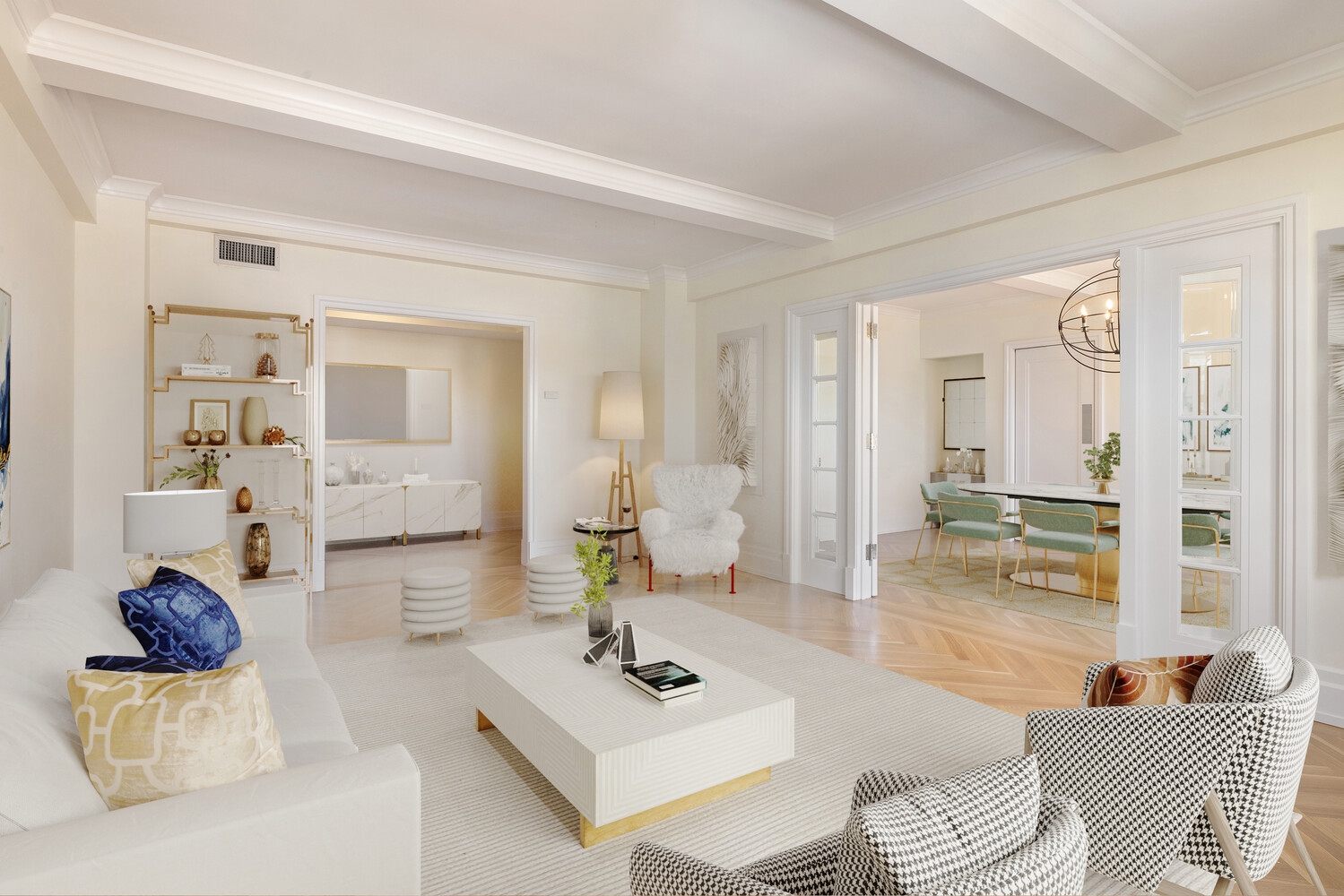 a living room with furniture and view of wooden floor
