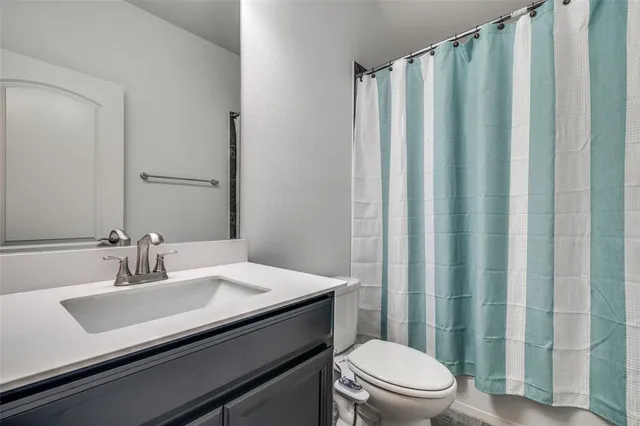 a bathroom with a sink a toilet a mirror and shower curtain