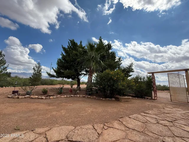 a view of a yard with a fountain